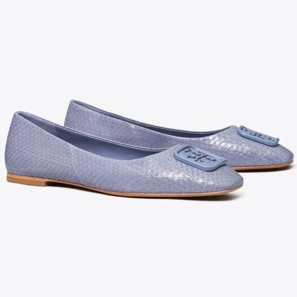 Tory Burch $298 Georgia Ballet Flats Blue Dark Spring Lotus Snake Embossed - Picture 3 of 4